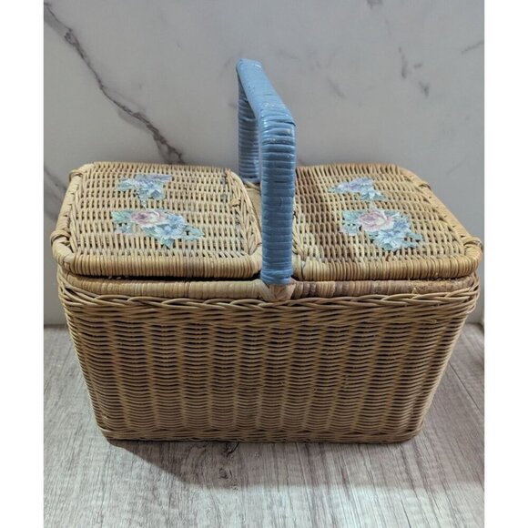 Vintage Wicker Sewing craft  Basket With Floral Painted Lid & Blue Handle - Picture 2 of 12